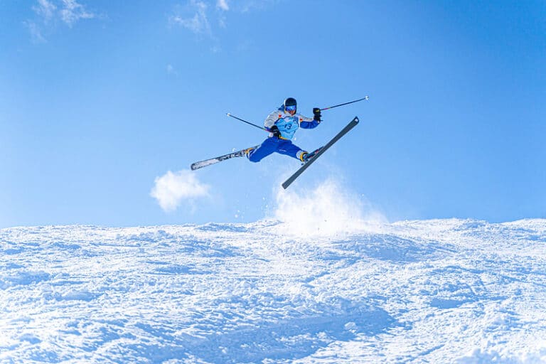 Johnny Moseley jumping on skis