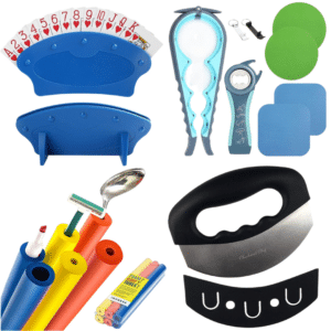 Occupational Therapy Tools are shown. Card holders, jar and bottle openers, foam tubing, and a rocker knife.