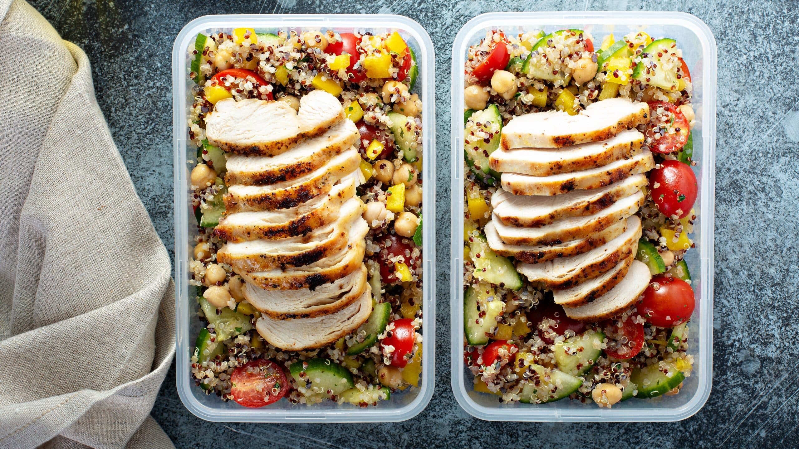 Chicken quinoa salad in meal prep containers