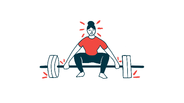 Cartoon image of a woman trying to pick up a barbell weight.