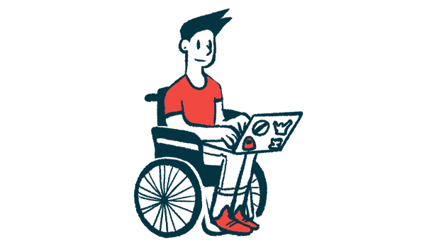 A cartoon of a person sitting in a wheelchair using a laptop.