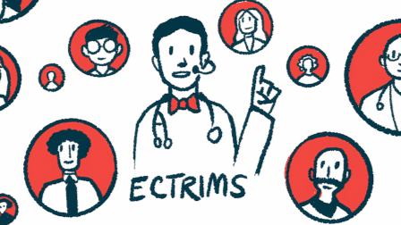 Cartoon image that shows a doctor in the middle with 'ECTRIMS' underneath him. In bubbles surrounding the doctor are other cartoon profiles of people.