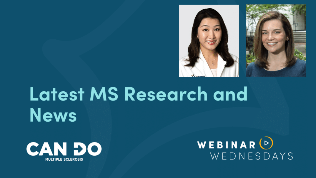 Title slide for Can Do MS "Latest MS Research and News" Webinar including headshots of presenters