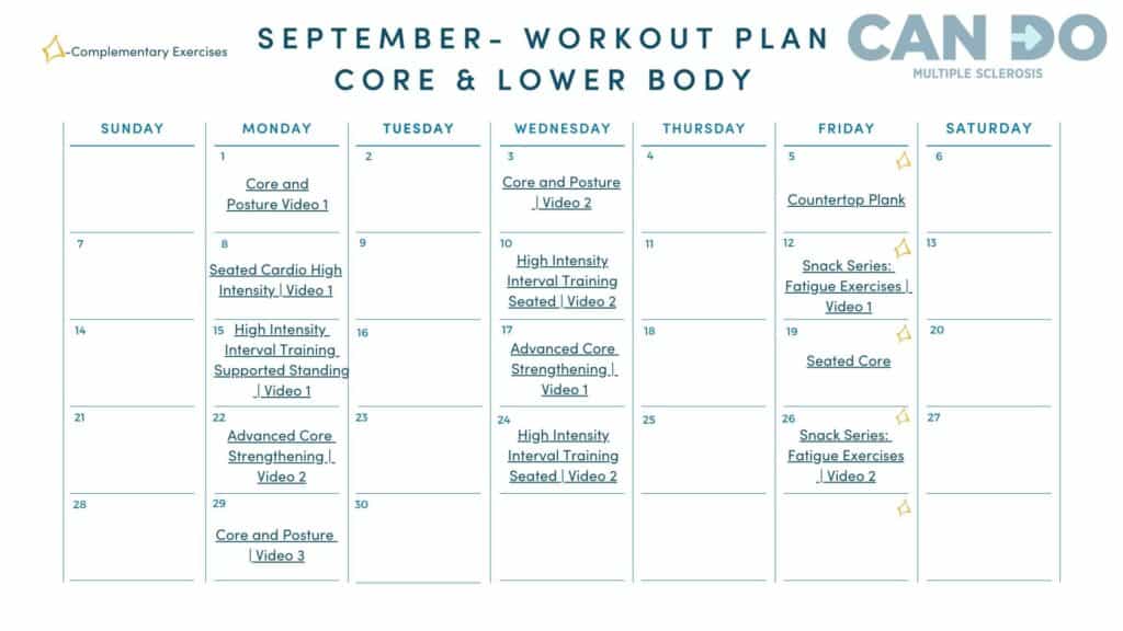 September Workout Plan Calendar - MS Moves - Core and Lower Body