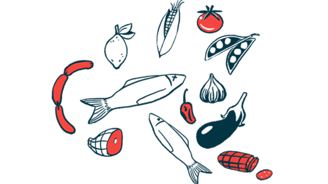 Cartoon image of various foods. The foods depicted are two full fish, sausage links, a lemon, an eggplant, two pea pods, a tomato, a pepper, and a garlic.