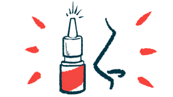 Cartoon image of a nasal spray next to a nose